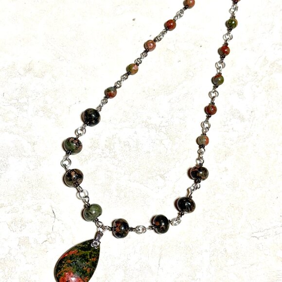 Genuine Jungle Green Unakite Necklace, Natural Gemstone Pendant Necklace - Picture 11 of 16